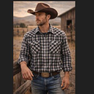 Wrangler Western Pearl Snap Shirt - SZ L - Black/Gray Plaid Cowboy Style